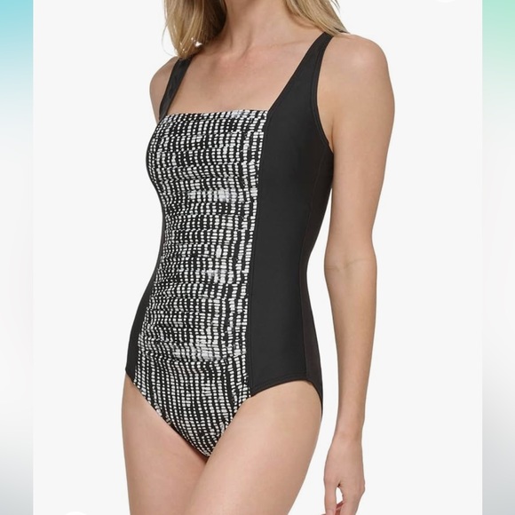 Calvin Klein Square-Neck Ruched One-Piece Swimsuit Black white size 10 - Picture 1 of 6